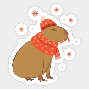 Christmas capybara in red scarf and hat Sticker